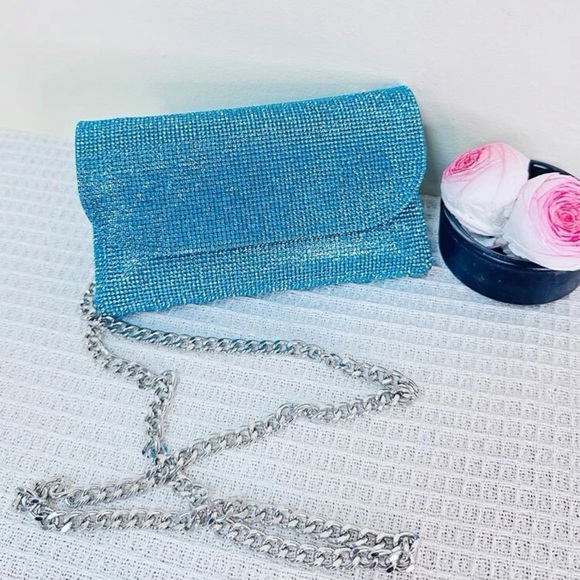 Rhinestone Crystal crossbody metallic wallet chain woc bag purse blue aqua - Picture 3 of 9